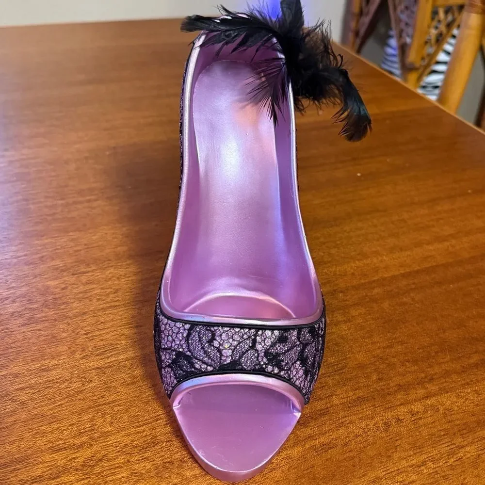 Evergreen Lace High Heel Wine Holder Purple and Black with Feather Accent
